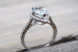 14k White Gold Blue Aquamarine Aqua Pear Shape Halo Diamond Wedding Engagement Promise Ring Teardrop Vintage Dainty Love
