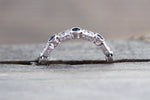 18K White Gold Vintage Classic Multi Side Face Diamond with Sapphire Ring Wedding Engagement Ring Milgrain Etching Band