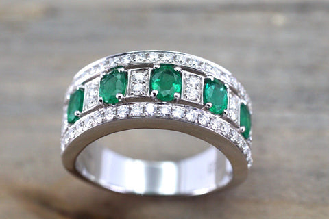 18k White Gold Oval Cut Green Natural Emerald Diamond Engagement Promise Ring Anniversary Thick Halo Ballerina Wide Large