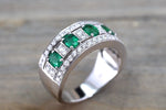 18k White Gold Oval Cut Green Natural Emerald Diamond Engagement Promise Ring Anniversary Thick Halo Ballerina Wide Large