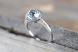 14k White Gold Thin Round Diamond Halo Blue Aquamarine Engagement Promise Anniversary Love Ring Band 8mm