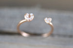 14k Solid Rose Gold Double Heart Love Diamond Ring Engagement Wedding Open Stack Band Hammered Dainty Textured Midi Adjustable Micro Pave
