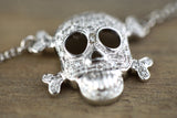 14k White Gold Skull Micro Pave Diamond 3D Dainty Pendant Charm Thin Adjustable Chain Pirate Dia de los Muertos Day of the Dead