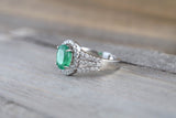 18k White Gold Classic Natual Colombian Emerald Oval Diamond Halo Engagement Wedding Ring
