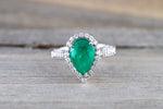 14k White Gold Pear Cut Green Natural Columbian Emerald Diamond