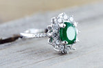 18k White Gold Classic Natual Colombian Emerald Oval Diamond Halo Band Engagement Wedding Ring