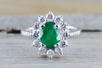 18k White Gold Classic Natual Colombian Emerald Oval Diamond Halo Band Engagement Wedding Ring