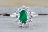 18k White Gold Natural Emerald Oval Diamond Halo Band Engagement Ring