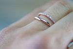 14k Rose Gold Stack Design Dainty Thin Band and Diamond Ring Wedding Engagement Band Brilliant Cut Ring Double Row Curve Open