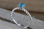 14k White Gold Round Cut Blue Topaz Beaded Band Engagement Pave Stackable Stacking Promise Ring Anniversary