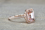 Rebecca Elongated Emerald Morganite Diamond Halo Ring M3087