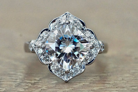 Lab Grown Diamond Cushion Cut Moissanite 9x9mm Art Deco Vintage Halo Diamond Ring M3091