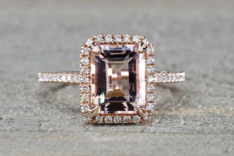 Rebecca Elongated Emerald Morganite Diamond Halo Ring M3087